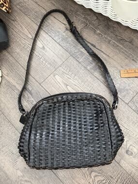 Vintage Talbots Crossbody Bag Black Leather Woven Braided Strap Casual Party